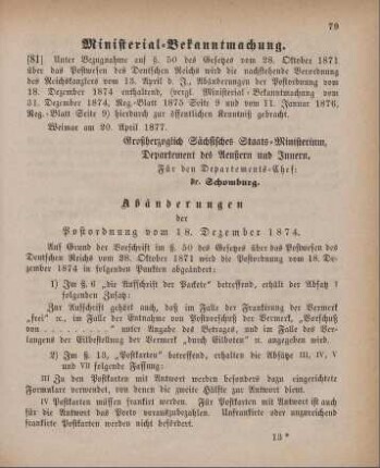 81. Ministerial-Bekanntmachung, die Abänderungen der Postordnung vom 18. Dezember 1874 betreffend