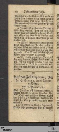 IV. Auf das Fest Epiphaniæ, oder der Erscheinung, denen Weisen geschehen.