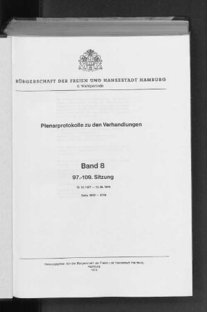 Wahlper. 8.1974/78, Bd. 8: Plenarprotokoll // Bürgerschaft der Freien und Hansestadt Hamburg