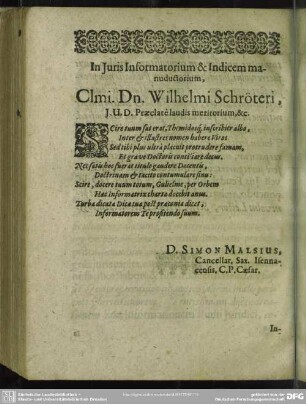 In Iuris Informatiorium & Indicem manuductorium, Clmi. Dn. Wilhelmi Schröteri