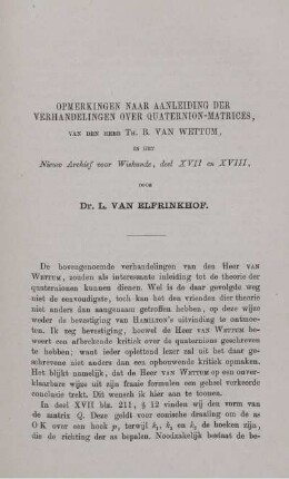 Opmerkingen naar aanleiding der verhandelingen over quaternion-matrices [...]