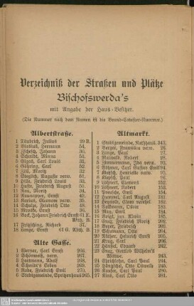 Häuserbuch : Verzeichniß der Straßen und Plätze Bischofswerda's