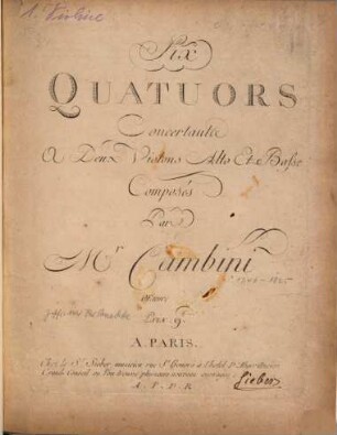 Six quatuors concertants a deux violons, alto et basse