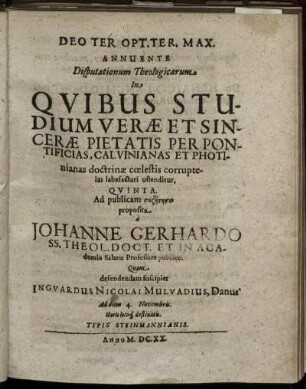 ... Disputationum Theologicarum ... Quinta.