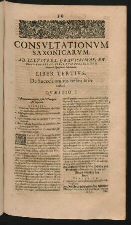 Consultationum Saxonicarum ... Liber Tertius. De Successionibus testati & intestati.