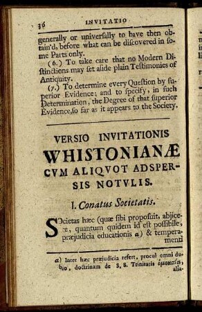 Versio Inuitationis Whistonianæ Cum Aliquot Adspersis Notulis.