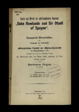 Quelle und Metrik der mittelenglischen Romanze 'Duke Rowlande and Sir Otuell of Spayne'