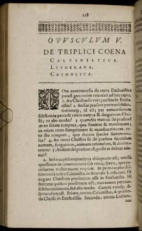 Opusculum V. De Triplici Coena Calvinistica, Lutherana, Catholica.