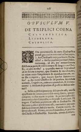 Opusculum V. De Triplici Coena Calvinistica, Lutherana, Catholica.