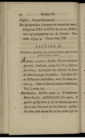 Section IV. Graveurs Anciens en pierres fines, qui y ont gravé leurs noms.