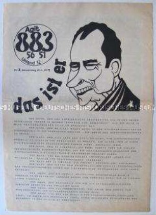 APO-Zeitung "Agit 883" mit einem satirischen Porträt des US-Präsidenten Nixon sowie Kleinanzeigen und Veranstaltungshinweisen