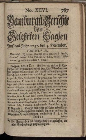No. XCVI. den 3. December 1737. - No. CIII. den 31 December 1737.