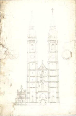 Lange, Ludwig; München; Frauenkirche, Regotisierung - Westfassade mit Baptisterium (Ansicht); Turmhelme (Grundriss)