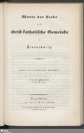 Worte der Liebe an die christ-katholische Gemeinde zu Braunschweig