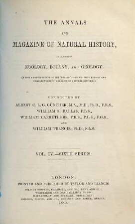 The annals and magazine of natural history, zoology, botany and geology : incorporating the journal of botany. 4. 1889