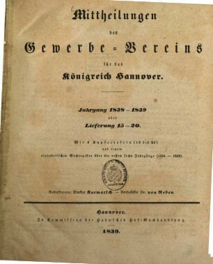 Mittheilungen des Gewerbevereins für das Königreich Hannover. 1838/39 = Lfg. 15 - 20