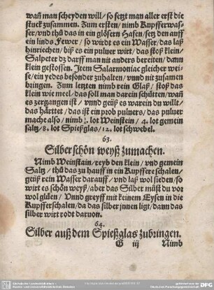 63. Silber schön weyß zumachen.