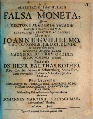 Diss. inaug. de falsa moneta