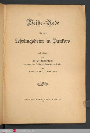 Weihe-Rede für das Lehrlingsheim in Pankow am Sonntag den 17. Mai 1896