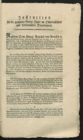 Instruction für die gemeinen Grenz-Jäger im Ostpreussischen und Litthauischen Departement : (Gegeben Berlin, den 17. März 1794)