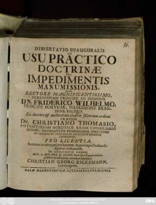 Dissertatio Inauguralis De Usu Practico Doctrinæ De Impedimentis Manumissionis