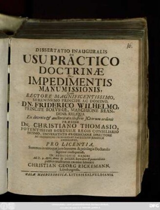 Dissertatio Inauguralis De Usu Practico Doctrinæ De Impedimentis Manumissionis