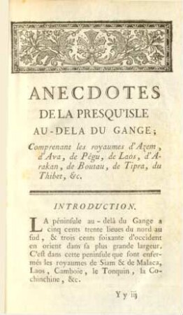 Anecdotes de la Presqu'isle Au-Dela du Gange