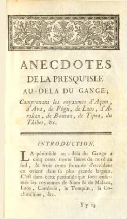 Anecdotes de la Presqu'isle Au-Dela du Gange