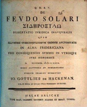 De feudo solari sidēroxylō dissertatio iuridica inauguralis