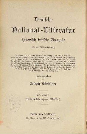 Grimmelshausens Werke, 1. Der abentheuerliche Simplicius Simplicissimus ; Bd. 1
