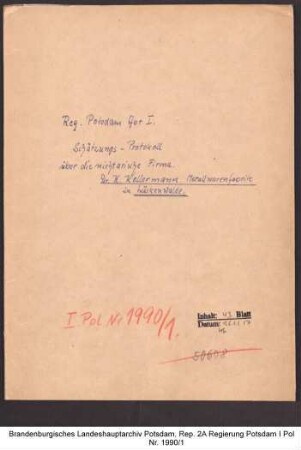 Ermittlung des Gemeinwertes der nichtarischen Firma Dr. H. Kellermann, Metallwarenfabrik, Luckenwalde, Treuenbrietzener Straße