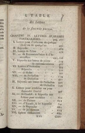 I. Table des Lettres de la seconde partie.