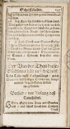 Der Vierdte Theil dieses Büchleins hält in sich Christliche-Lehr und Lobgesänge/ nach Ordnung deß heiligen Catechismi [...]