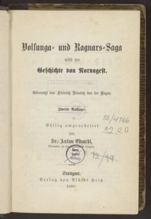 Volsunga- und Ragnars-Saga nebst der Geschichte von Nornogest