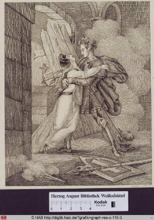 Eine ohnmächtige junge Frau wird von einem Ritter vor einer zerborstenen Tür aufgefangen.