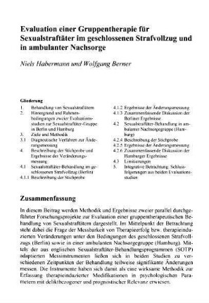 315-338, Evaluation einer Gruppentherapie für Sexualstraftäter im geschlossenen Strafvollzug und in ambulanter Nachsorge