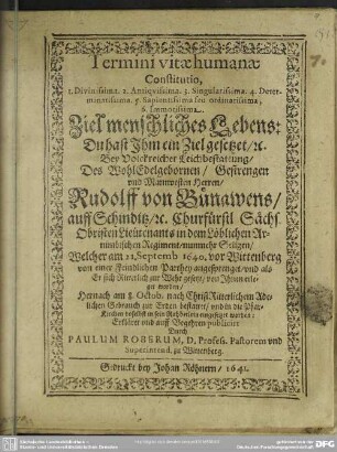 Ziel menschliches Lebens ... bey Leichbestattung des Hn. Rud. v. Bünawens ...