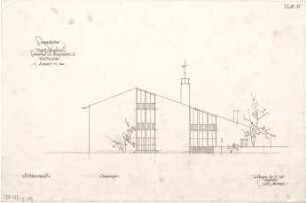 Gsaenger, Gustav; Schondorf am Ammersee (Bayern); Atriumschule - Schule Vorprojekt 2 u. Entwurf, Eingabeplan Erster Bauteil, Nordseite (Ansicht)