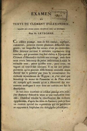 Examen du texte de Clément d'Alexandrie, relatif aux divers modes d'écriture chez les Égyptiens