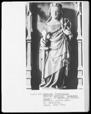 Grabower Altar — Mittelteil: Der gekreuzigte Christus mit Maria und Johannes zu beiden Seiten des Kreuzes; links und rechts Heilige und Propheten — Heilige Katharina