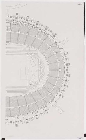 Stadion Oberwiesenfeld, München: Grundriss 3. Obergeschoss (Presse) und Aufsicht auf Mittelring nördlicher Teil, 1:200