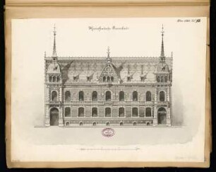 Landratsamt (Kreishaus), Prenzlau Monatskonkurrenz Mai 1883: Aufriss Straßenansicht; Maßstabsleiste