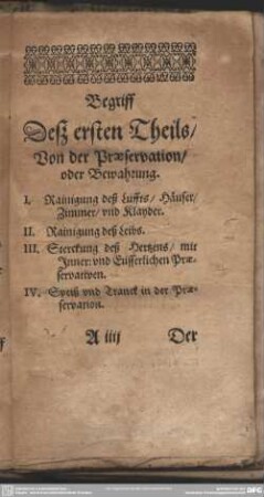 Begriff Deß ersten Theils, Von der Praeservation, oder Bewahrung