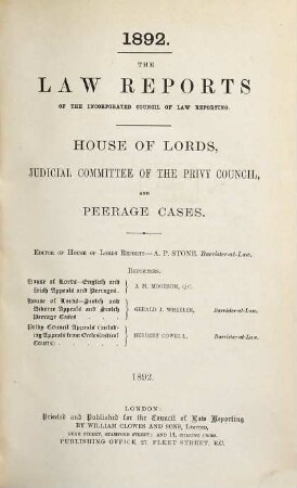 The law reports. Appeal cases. 1892
