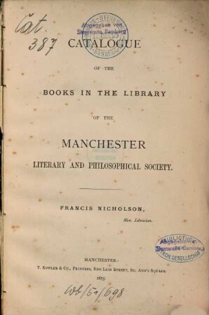 Catalogue of the Books in the Library of the Manchester Literary and Philosophical Society