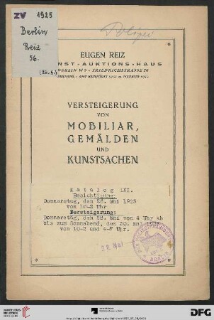 Versteigerung von Mobiliar, Gemälden und Kunstsachen : Versteigerung 28. bis 30. Mai 1925 (Katalog Nr. 56)