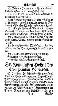 Sr. Königlichen Hoheit des Cron-Printzen Hof-Staat.
