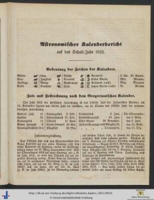 Astronomischer Kalenderbericht auf das Schalt-Jahr 1852.