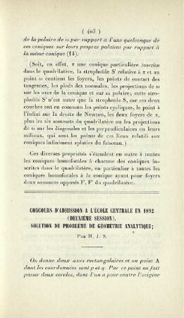 Concours d'admission a l'Ècole Centrale en 1892 (deuxième session). Solution du problème de géométrie analytique.