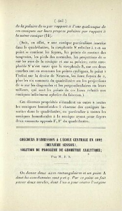 Concours d'admission a l'Ècole Centrale en 1892 (deuxième session). Solution du problème de géométrie analytique.